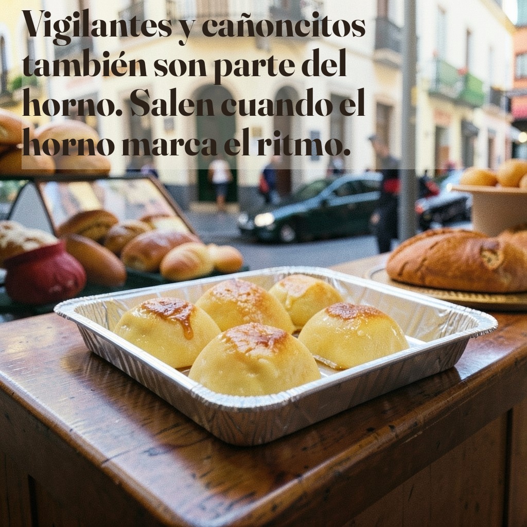 Pieza de la campaña de Panadería La Esquina: vigilantes y cañoncitos sobre el mostrador, con el texto compuesto sobre la foto.